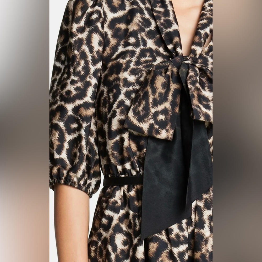 Vince Camuto Women's Leopard Animal Print Tie-Neck Belted Shirt Dress Size 4 - Picture 3 of 14